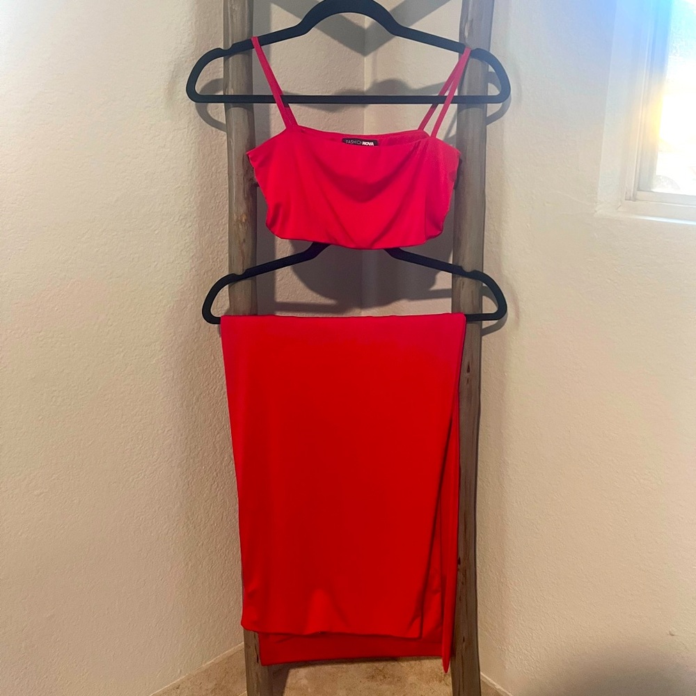Fashion Nova Red Two-Piece Skirt and Top Set